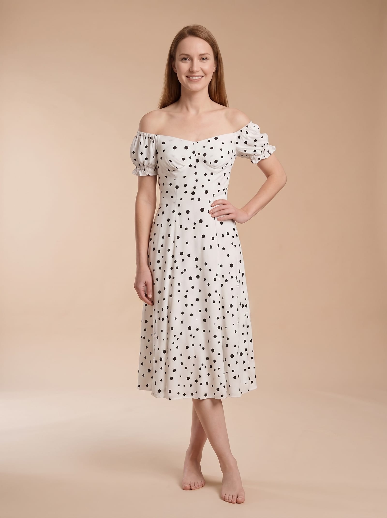 The same dress worn by a virtual model in a studio photo