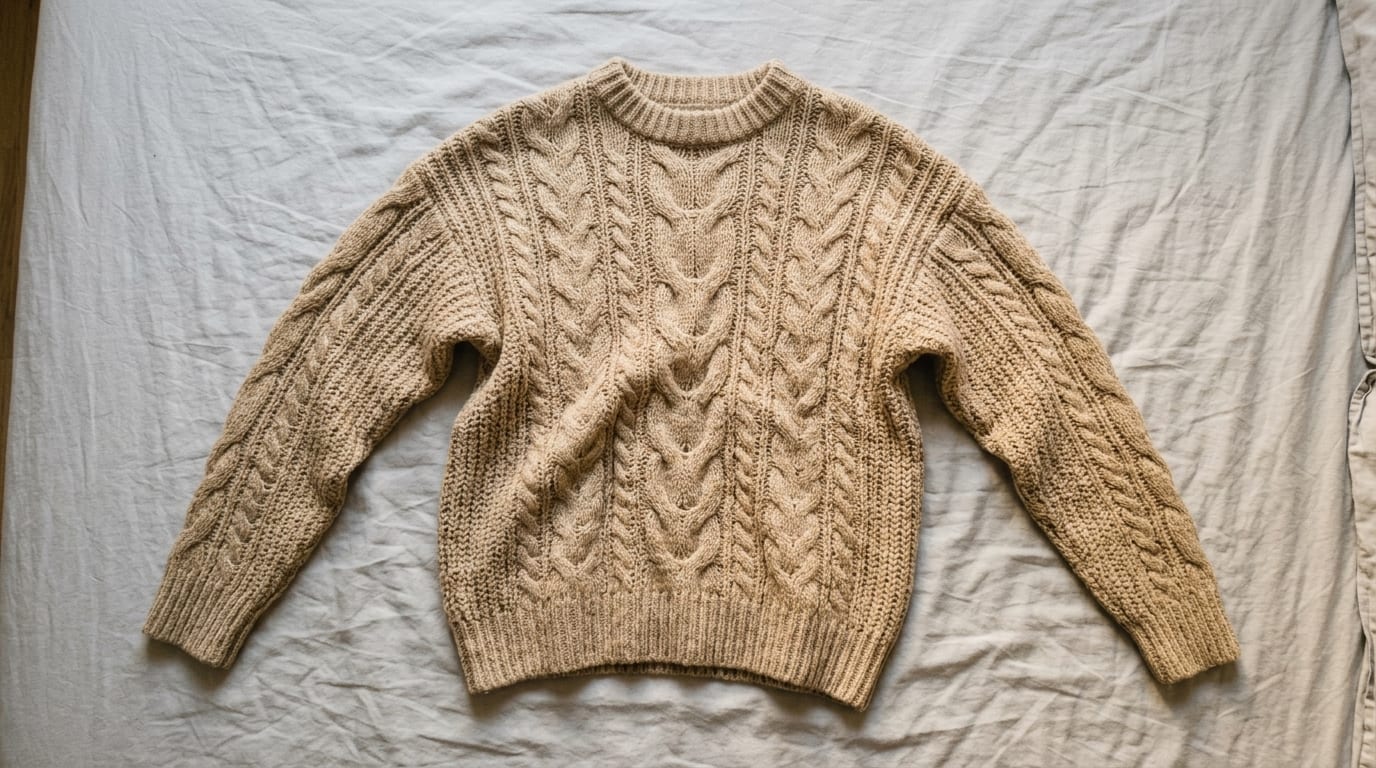 Knit sweater photographed at home