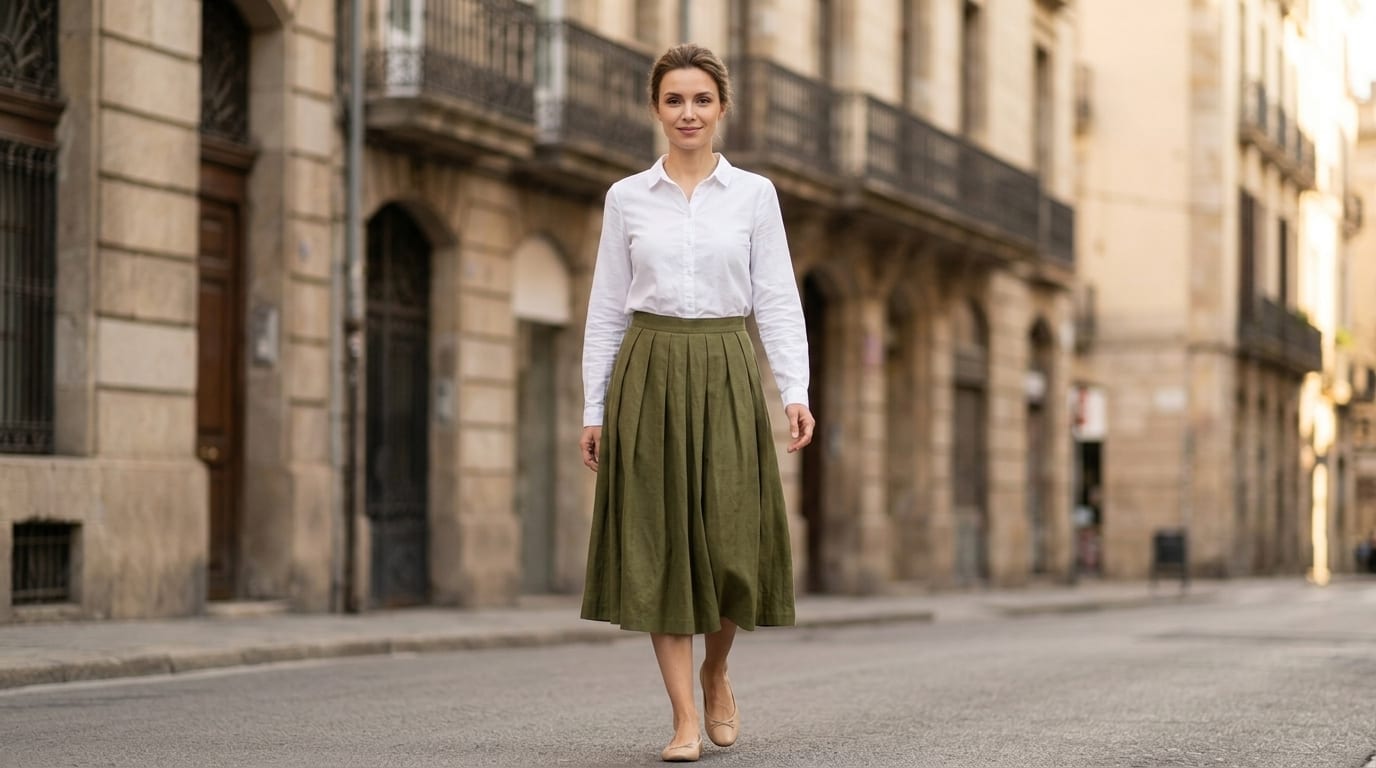 Blouse and skirt worn by a virtual model